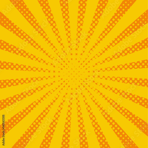 Yellow pop art rays, vector background. Abstract comic style, halftone effect sunburst. Retro ray orange. and yellow color