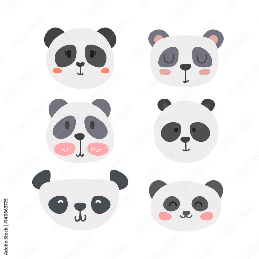 Set of cute pandas. Funny doodle animals. Little panda in cartoon style