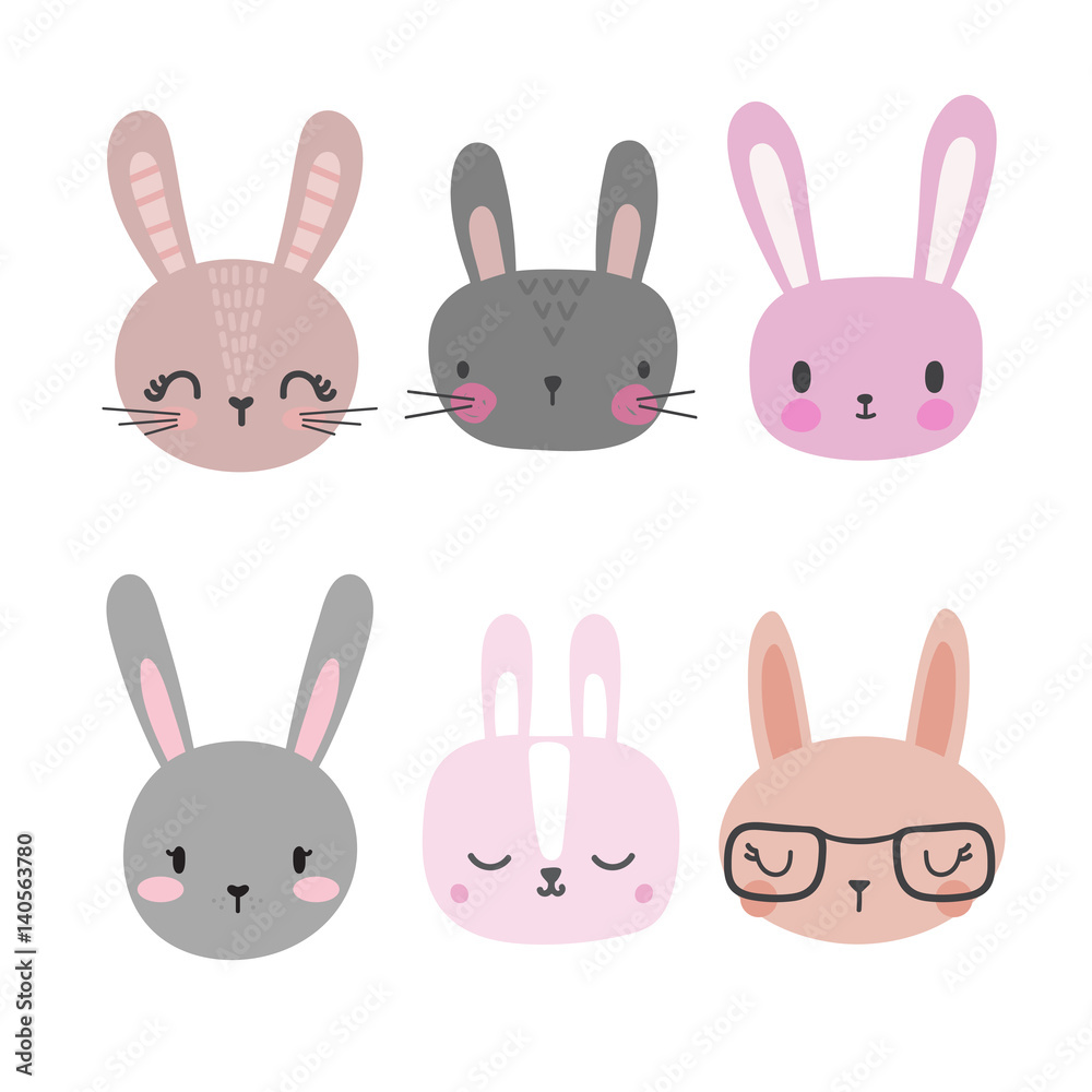 Naklejka premium Set of cute rabbits. Funny doodle animals. Little bunny in cartoon style