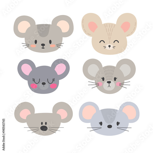 Set of cute mouses. Funny doodle animals. Little mouse in cartoon style