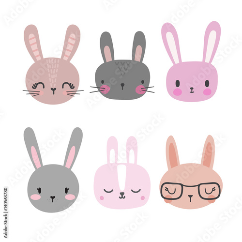 Set of cute rabbits. Funny doodle animals. Little bunny in cartoon style