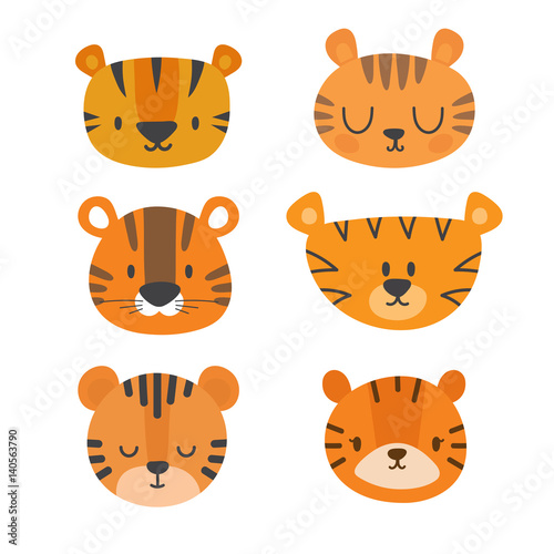 Fototapeta Naklejka Na Ścianę i Meble -  Set of cute tigers. Funny doodle animals. Little tiger in cartoon style