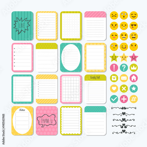 Template for notebooks. Cute design elements. Notes, labels, stickers, smile emoji. Flat style. Collection of various note papers