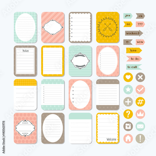 Template for notebooks. Cute design elements. Notes, labels, stickers. Collection of various note papers. Flat style