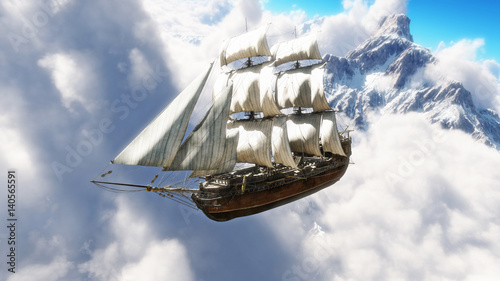 Fotografie Fantasy concept of a pirate ship sailing through the clouds with snow cap mountains in background