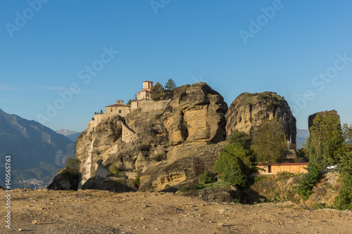 Amazing Sunset Panorama of Holy Monastery of Varlaam in Meteora, Thessaly, Greece