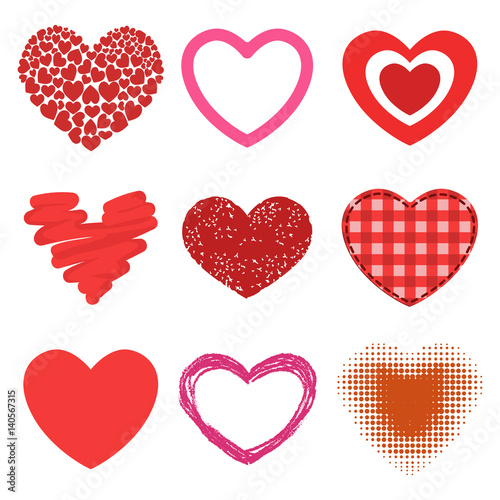 Differents style red heart vector icon isolated love valentine day symbol and romantic design wedding beautiful celebrate bright emotion passion sign illustration.
