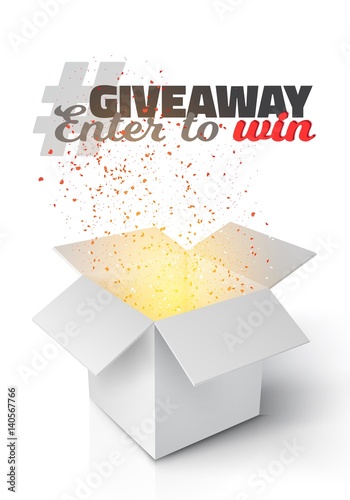 Illustration of Vector Grey Box with Magic Light Coming from Inside. Giveaway Competition Template. Open Box with Confetti Enter to Win Prize Concept