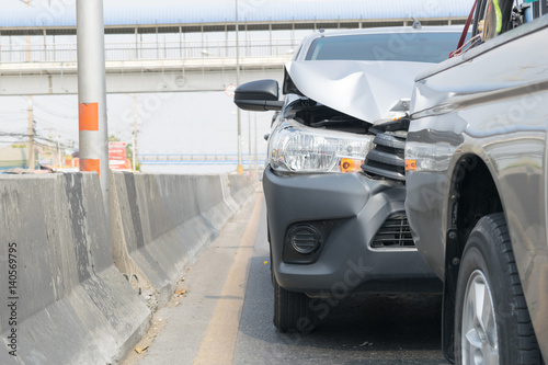 Car crash from car accident on the road in a city car pickup wait insurance