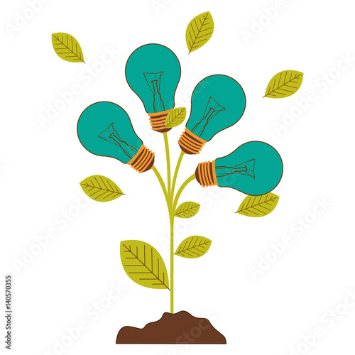 plant stem with leaves and Incandescent bulbs with light turquoise vector illustration