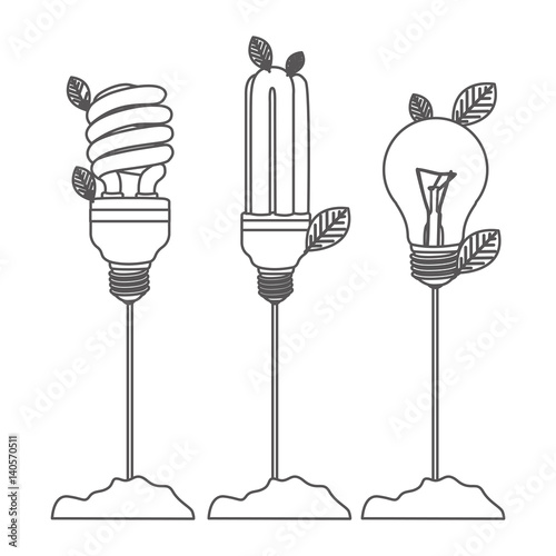grayscale contour with Incandescent and fluorescent bulbs with stem and leaves vector illustration