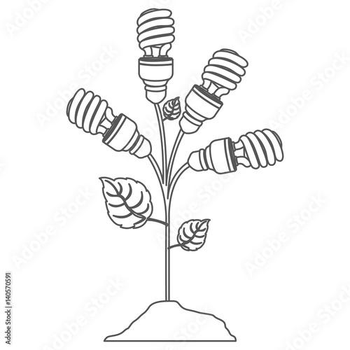 grayscale contour with plant stem with leaves and fluorescent bulbs spiral vector illustration