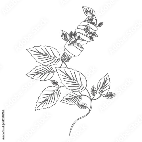 grayscale contour with spiral fluorescent bulb and creeper plant vector illustration