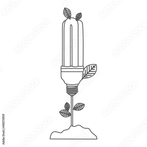 grayscale contour with plant stem with leaves and fluorescent bulb vector illustration