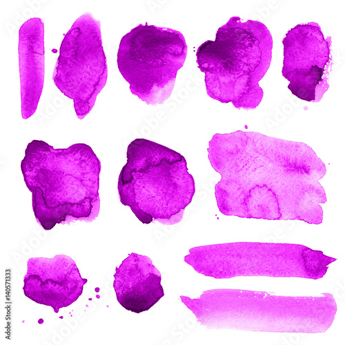 Set of magenta, pink, purple, lilac watercolor hand painted texture backgrounds, isolated. Abstract collection of acrylic dry brush strokes, stains, spots, blots, lines. Creative grunge makeup frame.