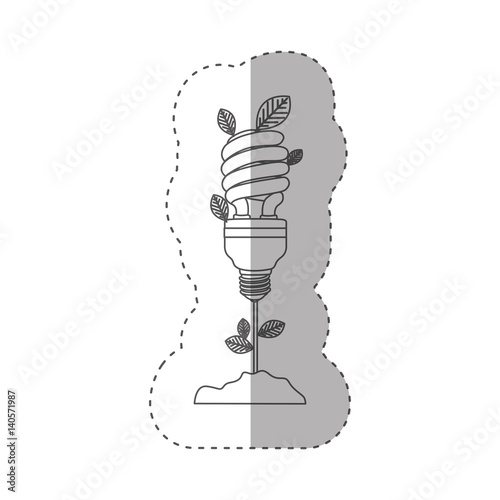 sticker with grayscale contour with plant stem with leaves and fluorescent bulb spiral vector illustration