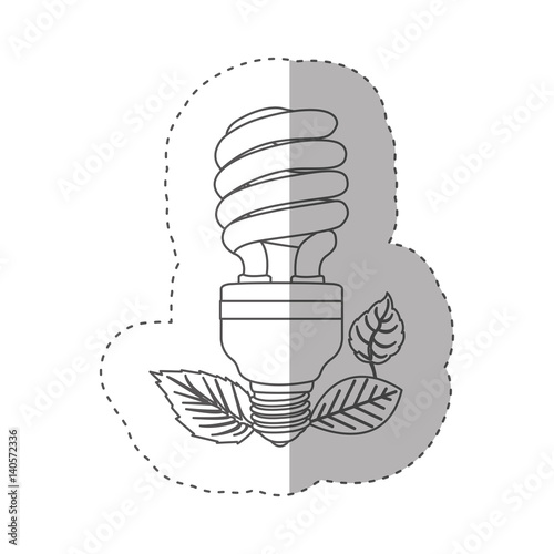 sticker with grayscale contour with fluorescent bulb spiral and leaves vector illustration