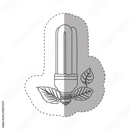 sticker with grayscale contour with fluorescent bulb and leaves vector illustration