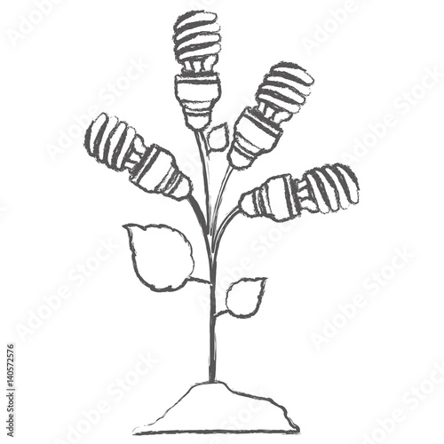 monochrome sketch with plant stem with leaves and fluorescent bulbs spiral vector illustration
