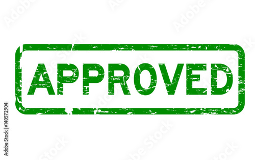 Grunge green approved square rubber seal stamp on white background