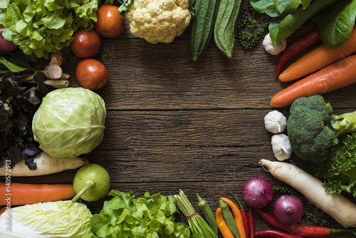 Fresh farmers market fruit and vegetable from above with copy space