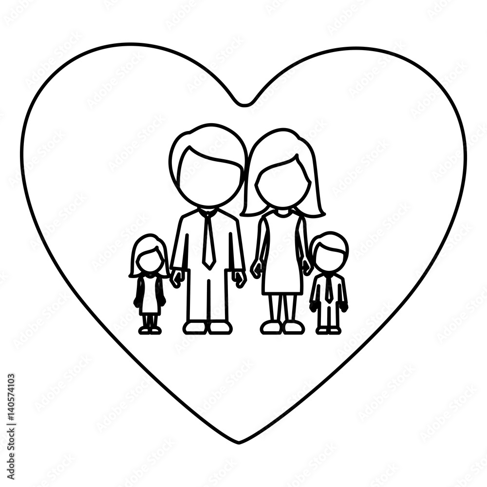monochrome contour of heart with faceless family group vector illustration monochrome contour of heart with faceless family group vector illustration