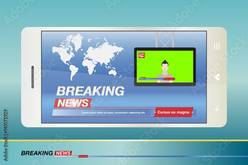 Breaking News on smartphone with background of the world map. Modern mobile TV. Journalist on the monitor screen. Vector illustration EPS 10