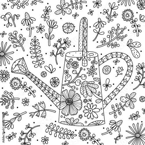 Coloring. Watering can and flowers.