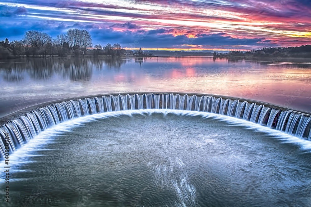 Naklejka premium Lippesee dam-View over a Lippesee with dam Paderborn, North Rhine-Westphalia, Germany 