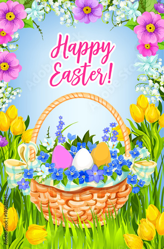 Happy Easter vector greeting card basket flowers