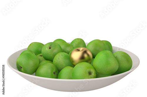 A golden apple in a pile of green apple.3D illustration. photo