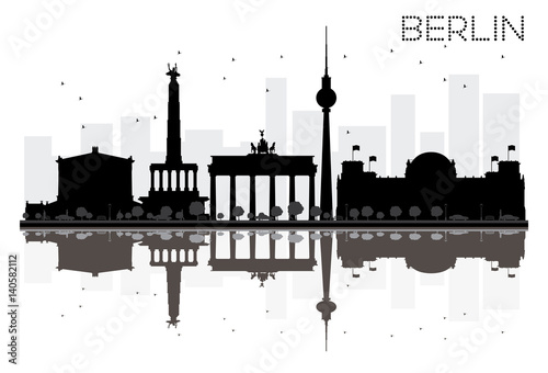 Berlin City skyline black and white silhouette with reflections.