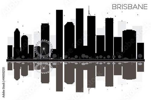 Brisbane City skyline black and white silhouette with reflections.