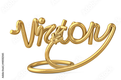 Tube shape victory alphabet with gold hand.3D illustration.