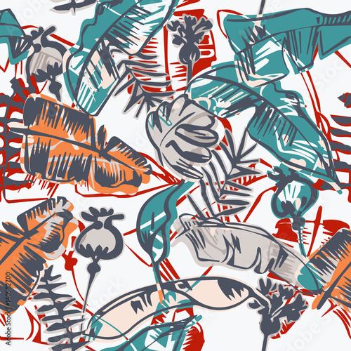 Fototapeta Naklejka Na Ścianę i Meble -  Seamless pattern of palms leaves