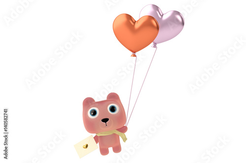 Cute bear with love letters hanging on the balloons.3D illustration.