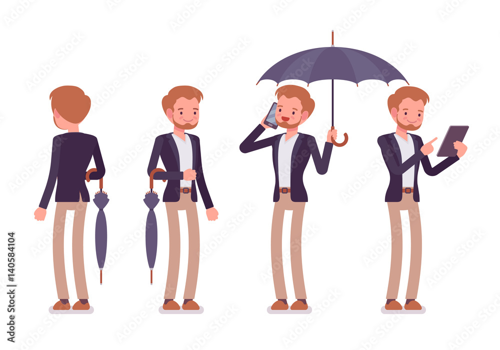 Obraz premium Set of young happy dandy standing, rear and front view