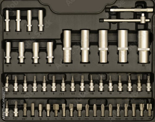 Set Of Wrenches And Bits In black Toolbox Isolated © a40757se