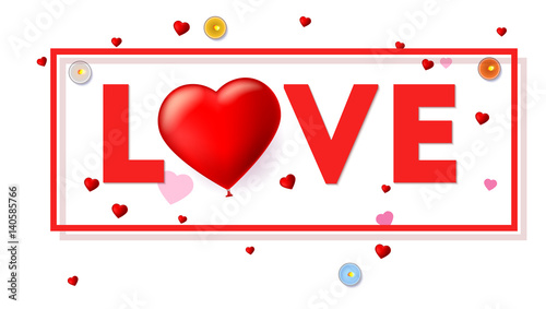 Love card with typography a large red heart in the form of an inflatable, scarlet balloon. Top view on composition with candles, tinsel and confetti on white background. Template for creative persons