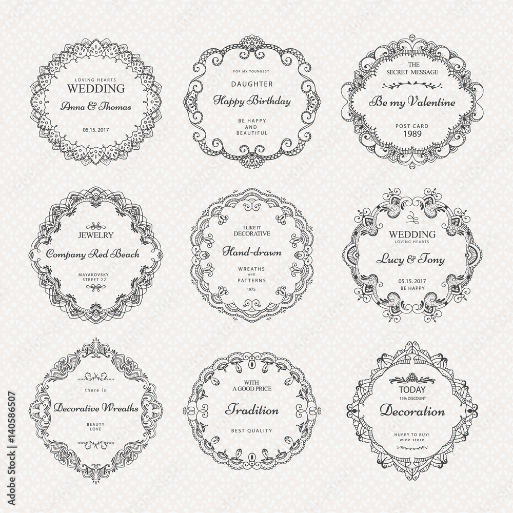 Collection of hand drawn wreaths. Cute template design elements. Vector illustration.