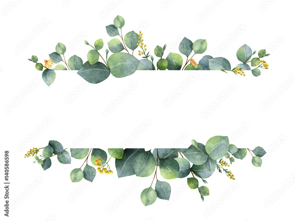 Watercolor green floral banner with silver dollar eucalyptus leaves and branches isolated on white background. - obrazy, fototapety, plakaty 