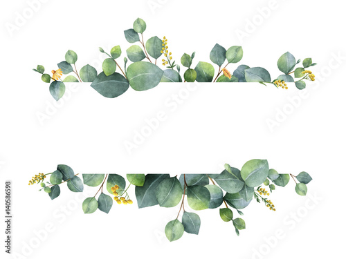 Obraz na plátne Watercolor green floral banner with silver dollar eucalyptus leaves and branches isolated on white background