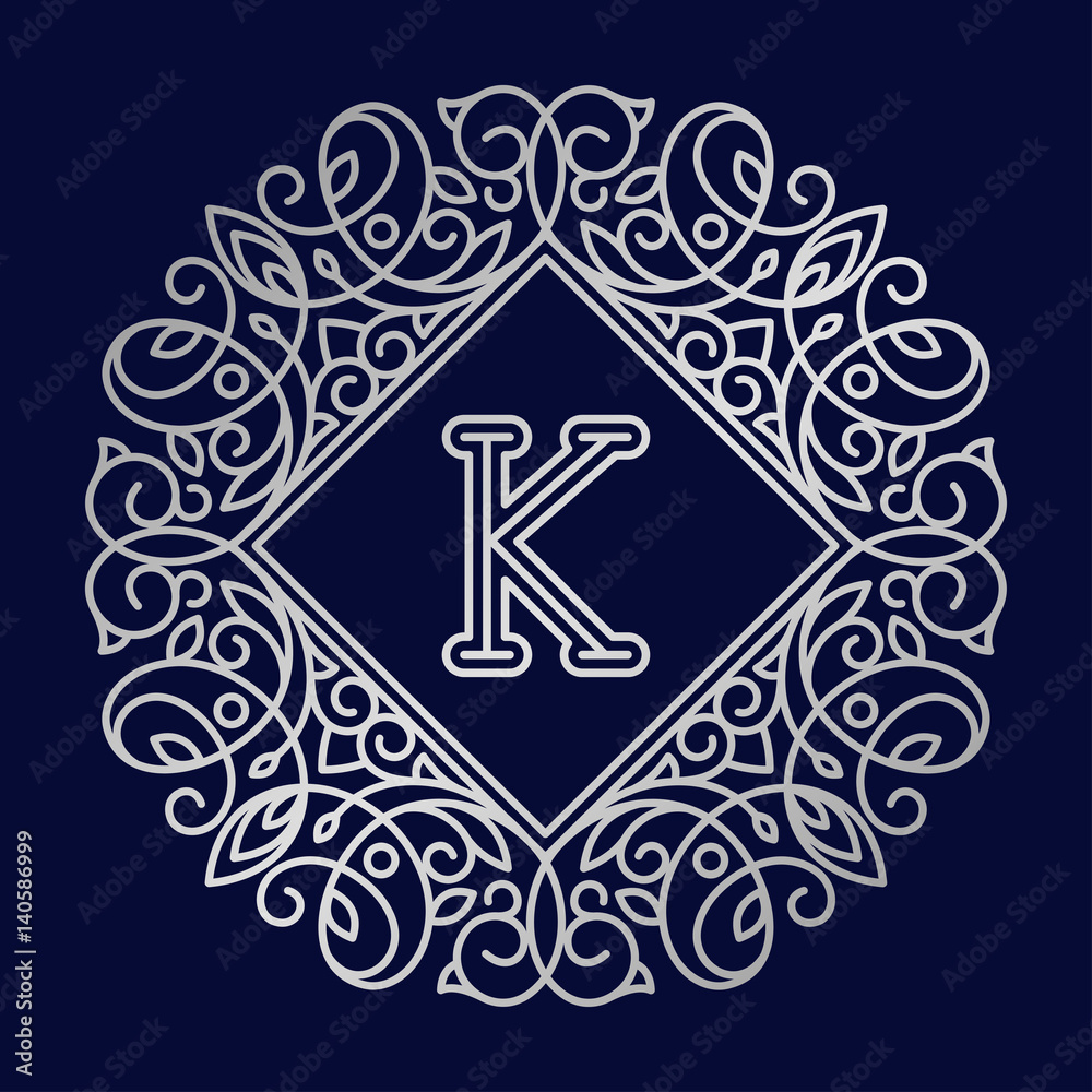 Monogram K bage logo vector illustration text letter nature leaf badge emblem line set collection sign ornament element vintage frame elegant ornament