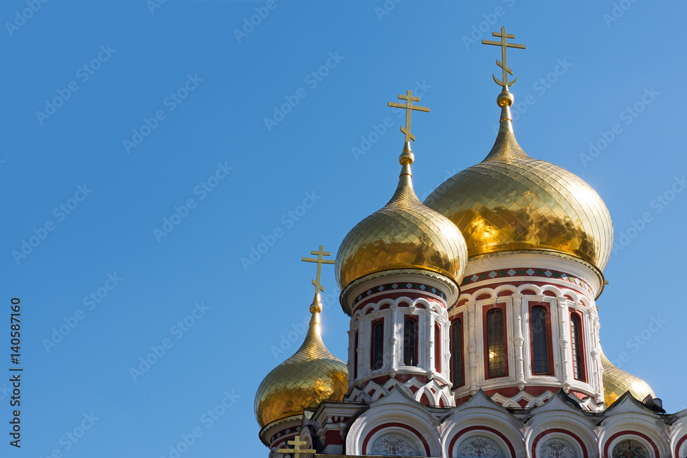 Golden domes of Rozhdestvo Hristovo memorial russian church in Shipka, Bulgaria