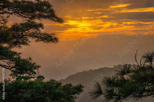 Mountain valley during sunset. Natural rainy season landscape in Thailand