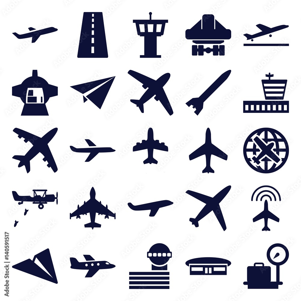Set of 25 airplane filled icons