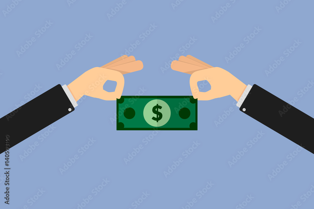 Dollar held by two executive hands on isolated background. flat style design Dollar held by two executive hands on isolated background. flat style design