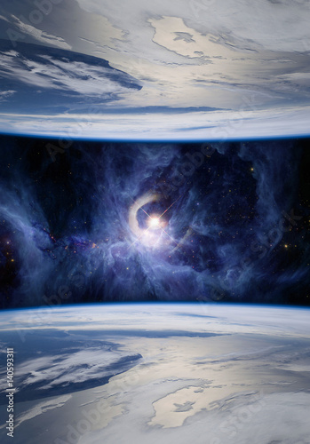 Fantasy image of mirrored Earths symbolizing parallel universes. The V1331Cyg star is shown on the Sword of Orion. Elements of this image furnished by NASA.