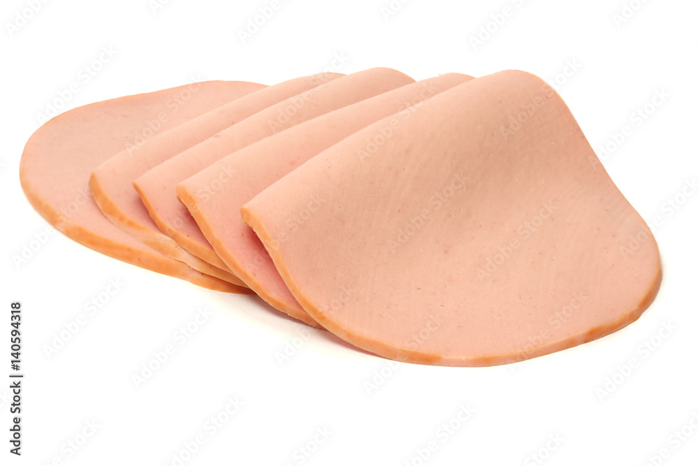 Sliced boiled ham sausage isolated on white background Sliced boiled ham sausage isolated on white background