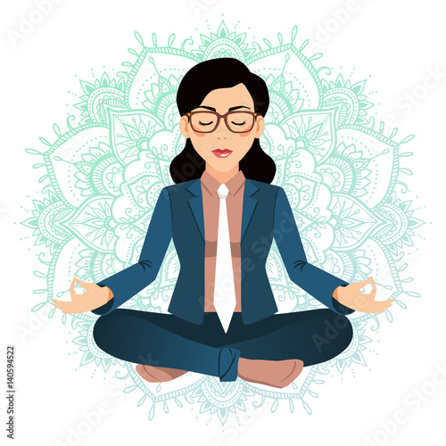 Vector illustration of business woman sitting in lotus pose. Meditating office worker on dreamy mandala background. Corporate yoga illustration.